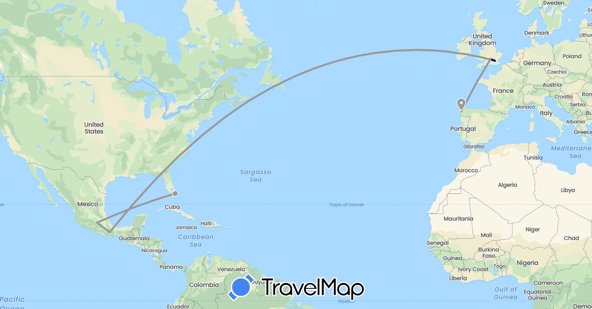 TravelMap itinerary: driving, plane in Spain, United Kingdom, Mexico, United States (Europe, North America)